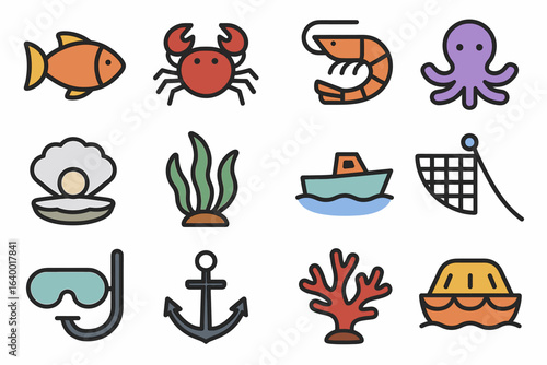 Colorful marine icons: fish, crab, shrimp, octopus, oyster, seaweed, boat, net, snorkel, anchor, coral, lifebuoy