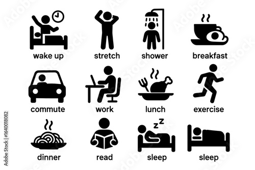 Daily routine icons: wake, stretch, shower, breakfast, commute, work, lunch, exercise, dinner, read, sleep