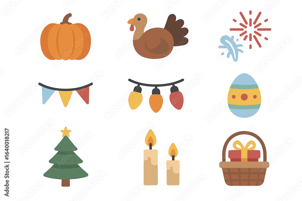 Fototapeta premium Festive icons set: pumpkin, turkey, fireworks, decorations, egg, tree, candles, gift basket