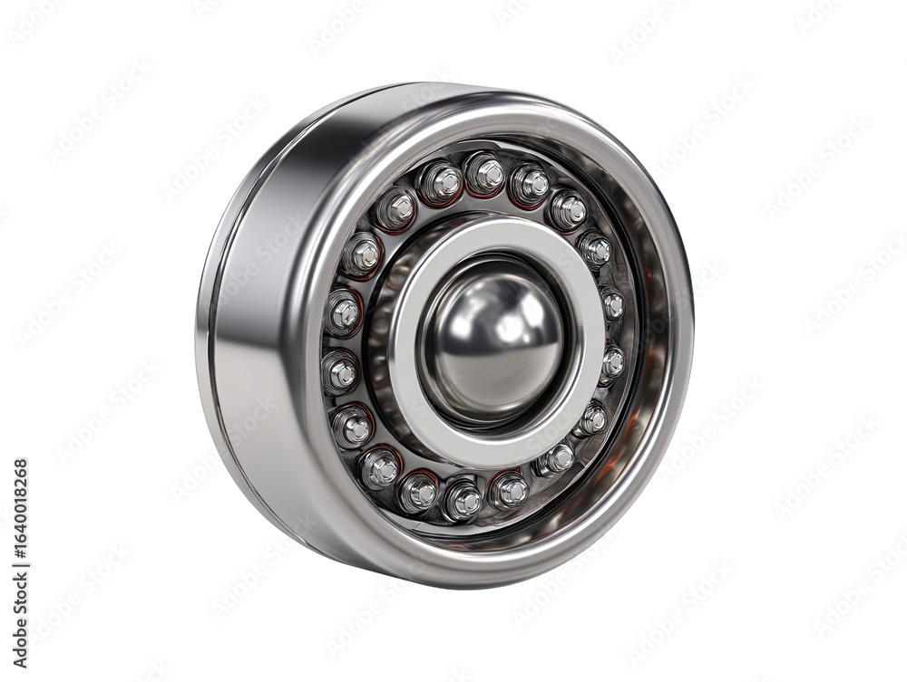 Close-up of a metallic bearing assembly. Circular, precision-engineered, with multiple rings, and a central ball Close-up of a metallic bearing assembly. Circular, precision-engineered, with multiple rings, and a central ball