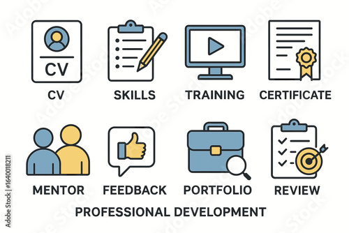 Professional development icons including cv, skills, training, certificate, and portfolio