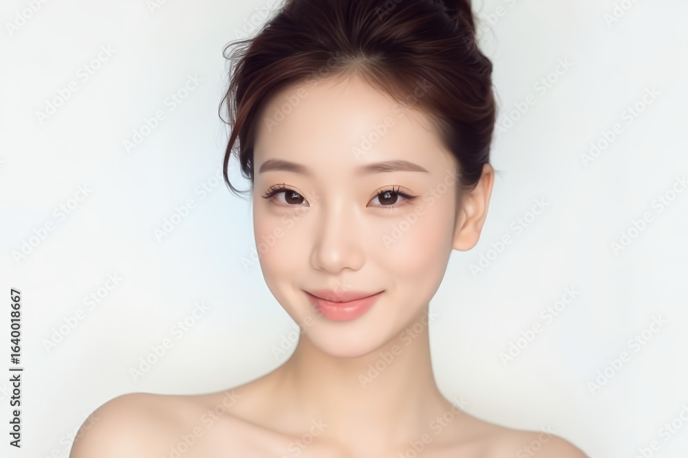 Female Asian Model with Short Hair - Young Beautiful Woman with Hair Bun - Studio Portrait of Asian Beauty for Fashion, Cosmetic, Skincare - Posing on White Background - Smooth Tied Hair Female Asian Model with Short Hair - Young Beautiful Woman with Hair Bun - Studio Portrait of Asian Beauty for Fashion, Cosmetic, Skincare - Posing on White Background - Smooth Tied Hair