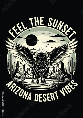 A powerful bison takes flight, symbolizing Arizona desert sunset vibes.