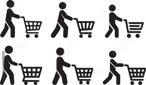 stick figure silhouettes pushing shopping carts in various walking poses, ideal for retail, consumer, and commerce concepts