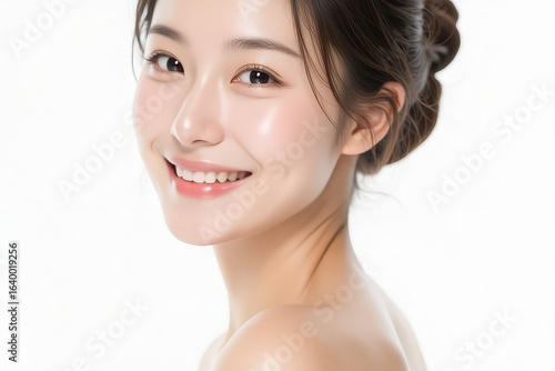 Female Asian Model with Short Hair - Young Beautiful Woman with Hair Bun - Studio Portrait of Asian Beauty for Fashion, Cosmetic, Skincare - Posing on White Background - Smooth Tied Hair