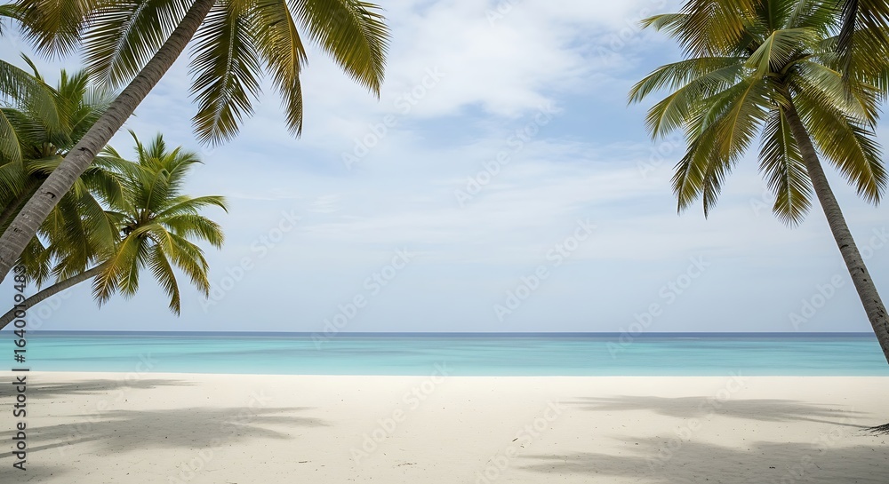 Fototapeta premium Serene Tropical Beach with Lush Palm Trees Framing a Tranquil Azure Ocean and Soft Sandy Shoreline Perfect for Vacation Destinations, Relaxation Retreats, and Exotic Getaways