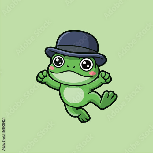 Cute cartoon frog wearing a bowler hat illustration, this cheerful amphibian character is perfect for childrens designs, adding a touch of fun and nature to any project