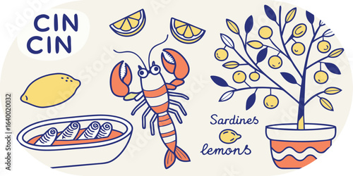 Lobster sardines lemons and lemon tree illustration with Cin text and lemon slices Keywords: lobster, seafood