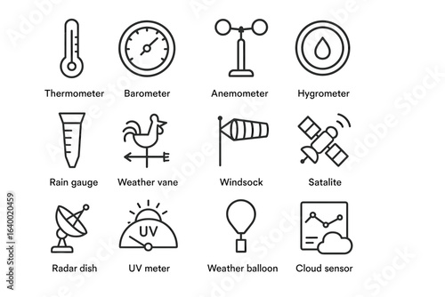 Weather instruments icons: thermometer, barometer, anemometer, hygrometer, wind vane