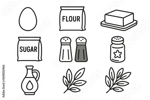 Cooking essentials: egg, flour, sugar, salt, oil, and herbs icons