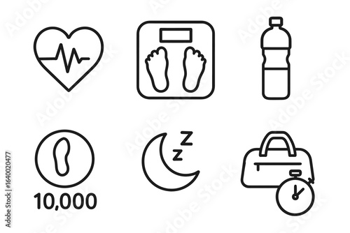 Healthy lifestyle icons: heartbeat, scales, water bottle, steps, sleep, gym bag