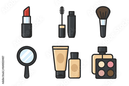 Colorful makeup icons featuring lipstick, mascara, brush, and more cosmetics