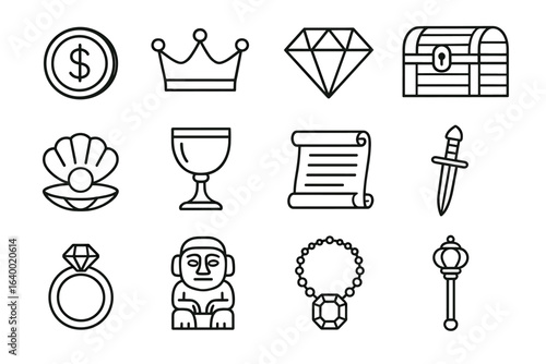 Collection of outline icons: treasure, jewel, crown, scroll, sword