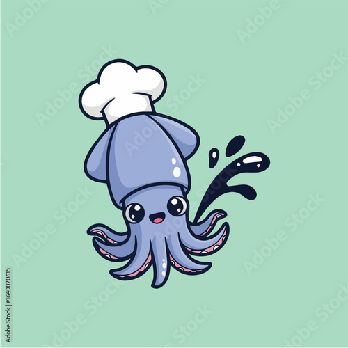 Adorable cartoon squid chef with a chefs hat, a delightful illustration for seafood restaurants, cooking themes, and cute animal characters isolated on white background