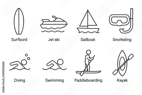 Vector icons of water sports equipment and activities including surfboard and kayak