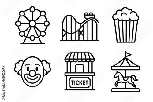 Amusement park icons: ferris wheel, roller coaster, popcorn, clown, ticket booth, carousel