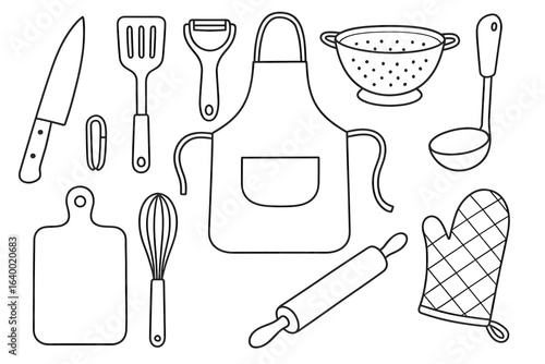 Essential kitchen tools: apron, knife, spatula, peeler, colander, ladle, whisk, rolling pin, oven mitt