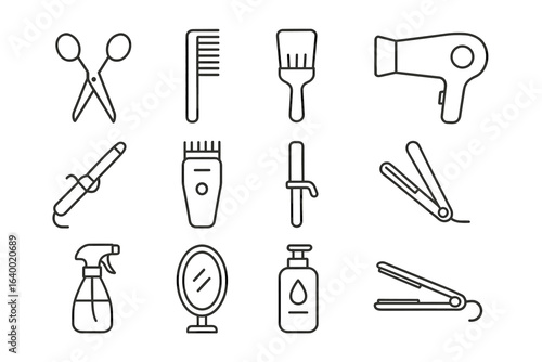 Hair styling tools: scissors, comb, hairdryer, curling iron, straightener, mirror, spray