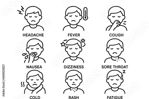 Symptoms of common illnesses: headache, fever, cough, nausea, dizziness, sore throat, cold, rash, fatigue