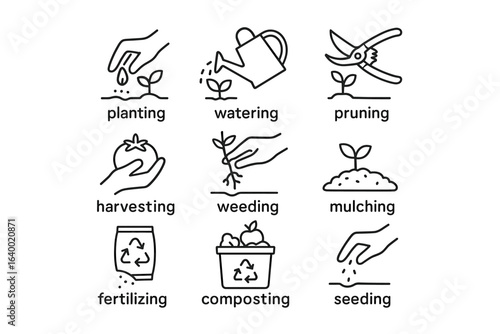 Gardening icons set: planting, watering, pruning, harvesting, weeding, mulching, fertilizing, composting, seeding