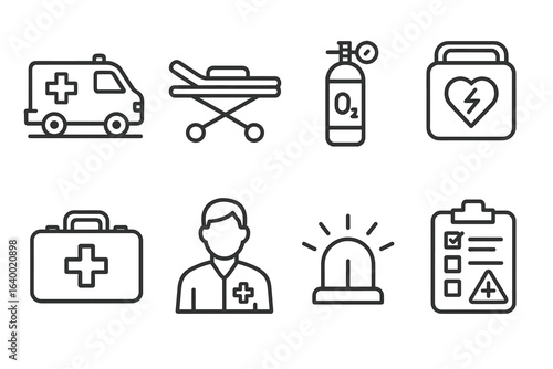 Essential emergency medical icons: ambulance, stretcher, oxygen, defibrillator, first aid kit, male doctor, alarm, checklist
