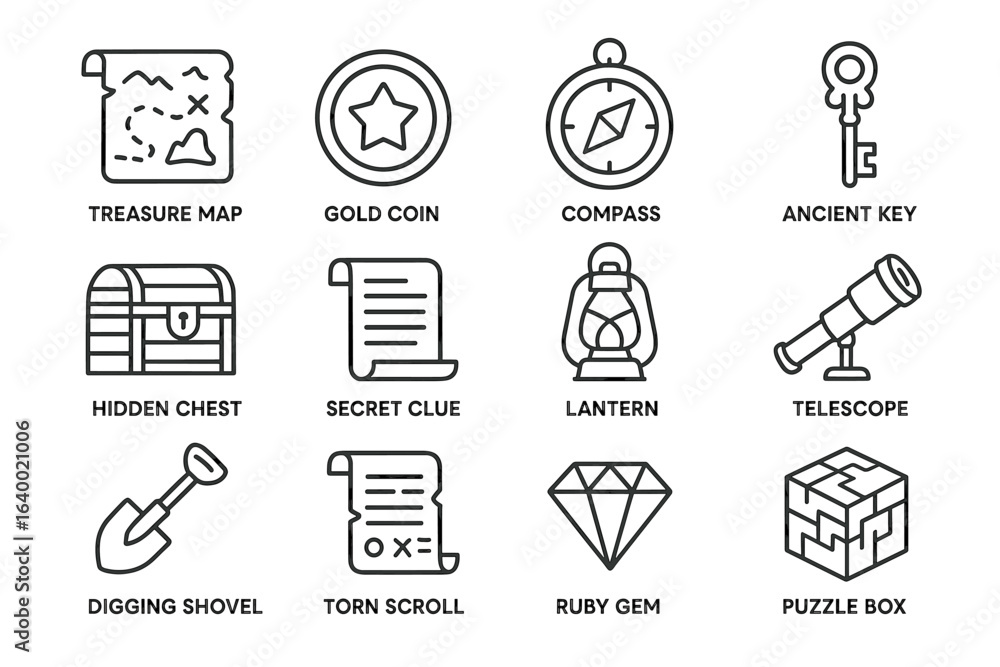 Fototapeta premium Adventure icons set with treasure map, compass, key, and more in black and white