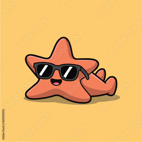 Cartoon starfish with sunglasses lying on the beach, a cute and funny summer character illustration for kids, perfect for a vacation or holiday design