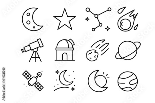 Astronomy icons: moon, star, constellation, telescope, meteor, planets