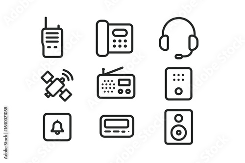 Set of communication devices icons: radio, headphones, satellite, intercom, speaker