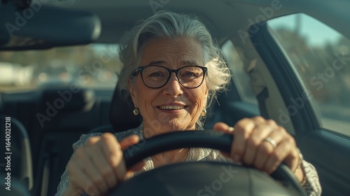 Smiling elderly woman driving car 