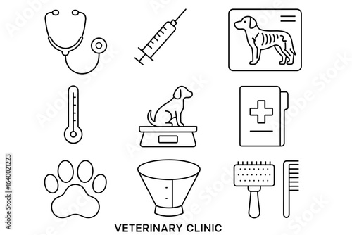 Veterinary clinic icons: stethoscope, syringe, dog care, medical chart, pet health