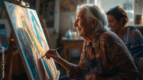 Elderly woman painting with joy in art studio