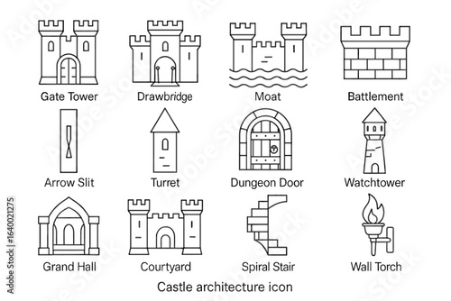Castle architecture icons: gate, drawbridge, moat, battlement, turret
