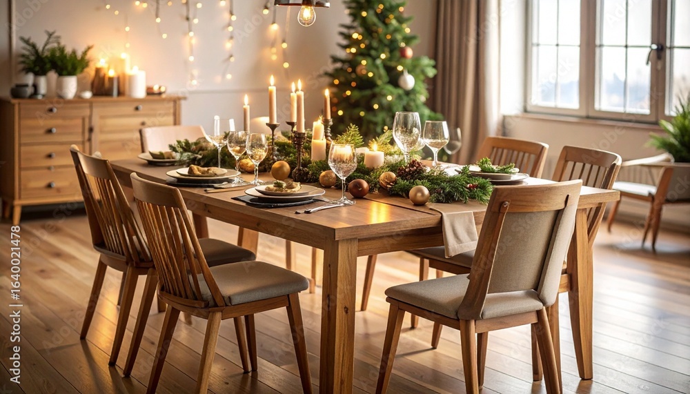Fototapeta premium Cozy holiday dining room with festive table setting, candles, and Christmas tree