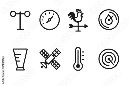Weather monitoring icons set: anemometer, hygrometer, wind vane, rain gauge, thermometer, satellite