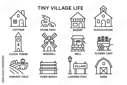 Tiny village life icon set: cottage, bakery, schoolhouse, clock tower, windmill