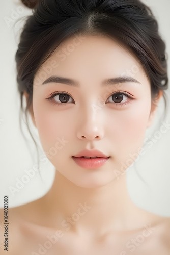 Female Asian Model with Short Hair - Young Beautiful Woman with Hair Bun - Studio Portrait of Asian Beauty for Fashion, Cosmetic, Skincare - Posing on White Background - Smooth Tied Hair