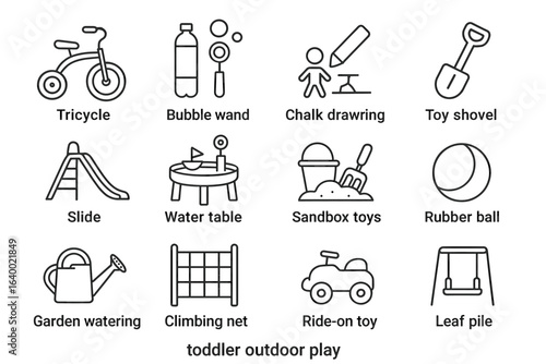 Toddler outdoor play: tricycle, slide, sandbox toys, ride-on toy, climbing net icons