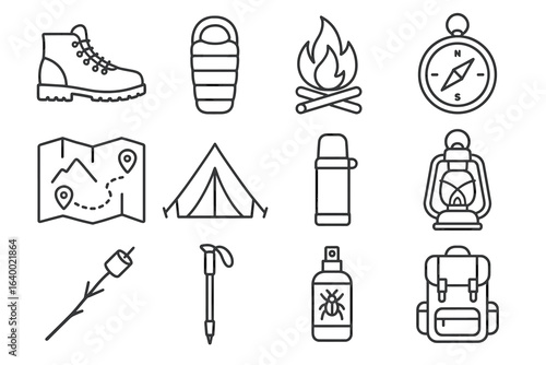 Outline icons of camping gear: boot, sleeping bag, fire, compass, map, tent, lantern, backpack