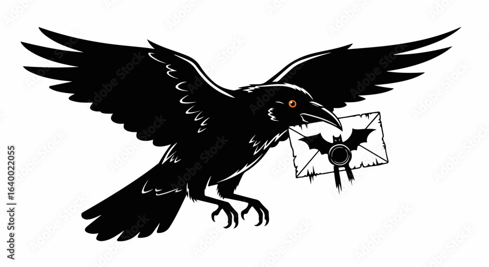 Black Raven in Flight Carrying an Envelop with a Bat Seal Black Raven in Flight Carrying an Envelop with a Bat Seal