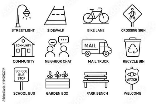 Urban community icons featuring street elements and public spaces