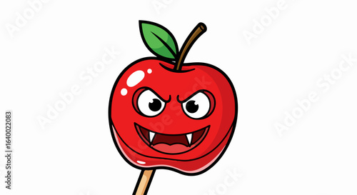 Cartoon Candy Apple with Evil Vampire Face, Red Glossy Candy Coating, on Stick