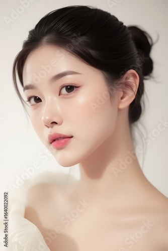 Female Asian Model with Short Hair - Young Beautiful Woman with Hair Bun - Studio Portrait of Asian Beauty for Fashion, Cosmetic, Skincare - Posing on White Background - Smooth Tied Hair