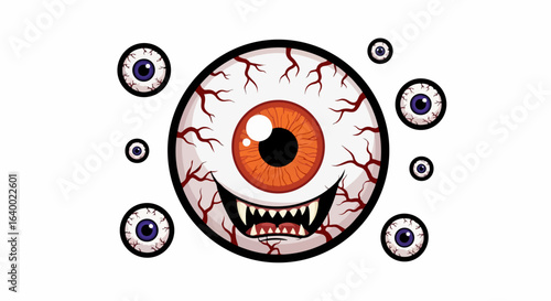 Cartoon Monster Eye with Orange Iris, Sharp Teeth, and Blood Vessels