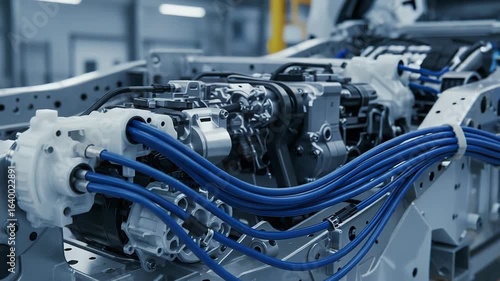 Closeup of Engine Components with Blue Wiring in Automotive Workshop
