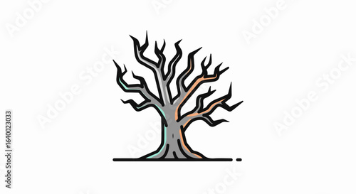 Stylized illustration of a bare, leafless tree with gray, orange, and teal colored branches and trunk.