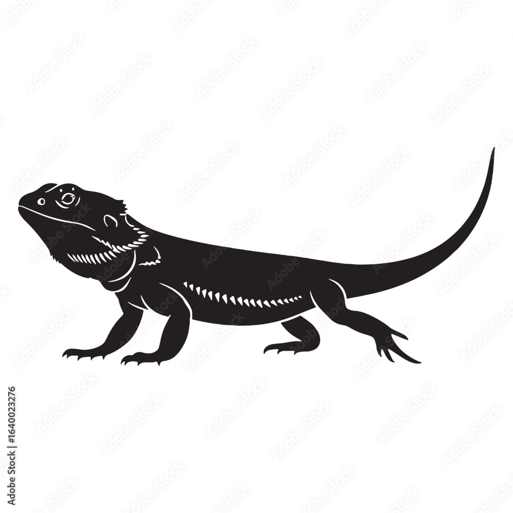 Naklejka premium Striking Bearded Dragon Silhouette – Bearded Dragon Vector Graphic Depicting Desert Adaptation – Reptile Vector – Silhouette of Bearded Dragon