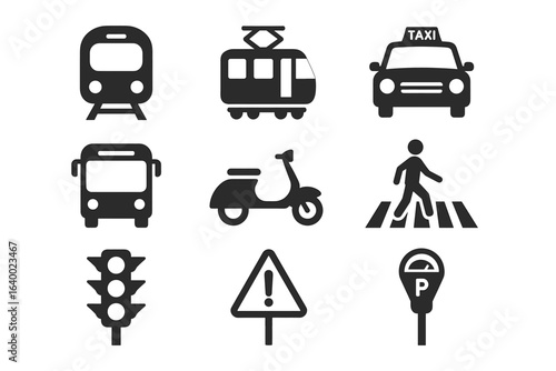 Set of black transportation and traffic icons including train, tram, taxi, and traffic light