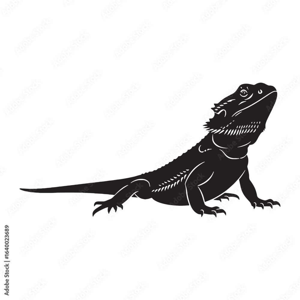 Naklejka premium Majestic Bearded Dragon Silhouette – Bearded Dragon Vector Graphic for Desert Survival Theme – Reptile Silhouette – Black Vector of Bearded Dragon