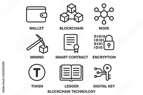 Blockchain technology icons: wallet, node, mining, encryption, smart contract, digital key